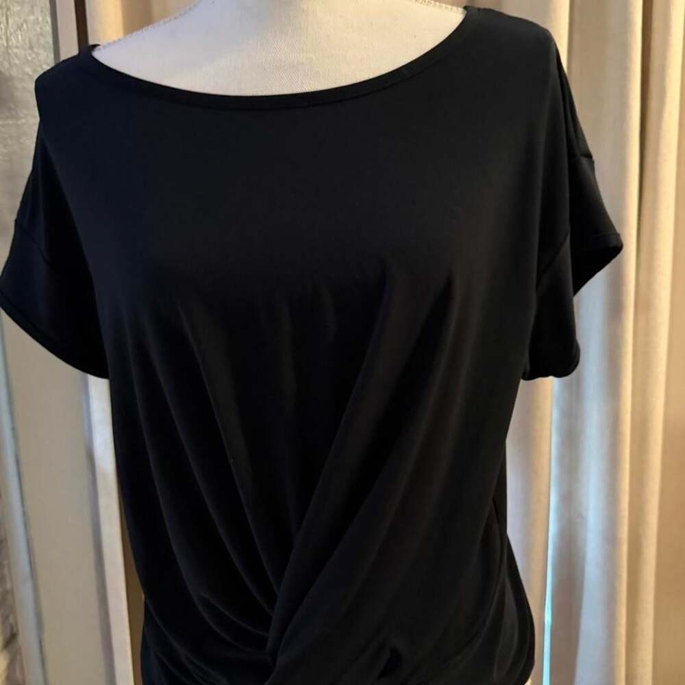 DKNY Black Twist-Front Top Size S Boat Neck Short Sleeve